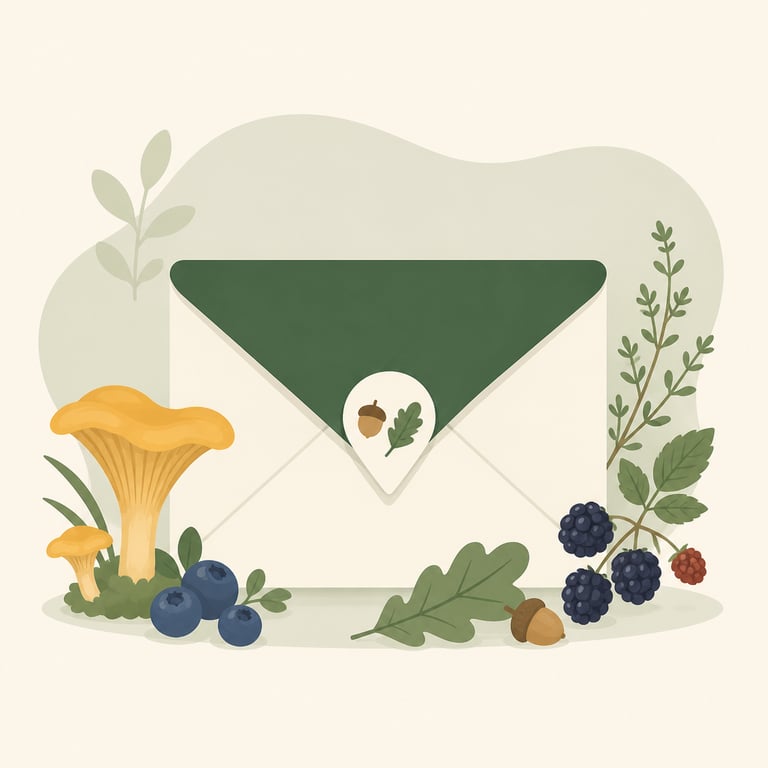 A flat illustration of an envelope sealed with a ForageGo map pin, surrounded by chanterelle mushrooms, blueberries, blackberries, acorns and oak leaves